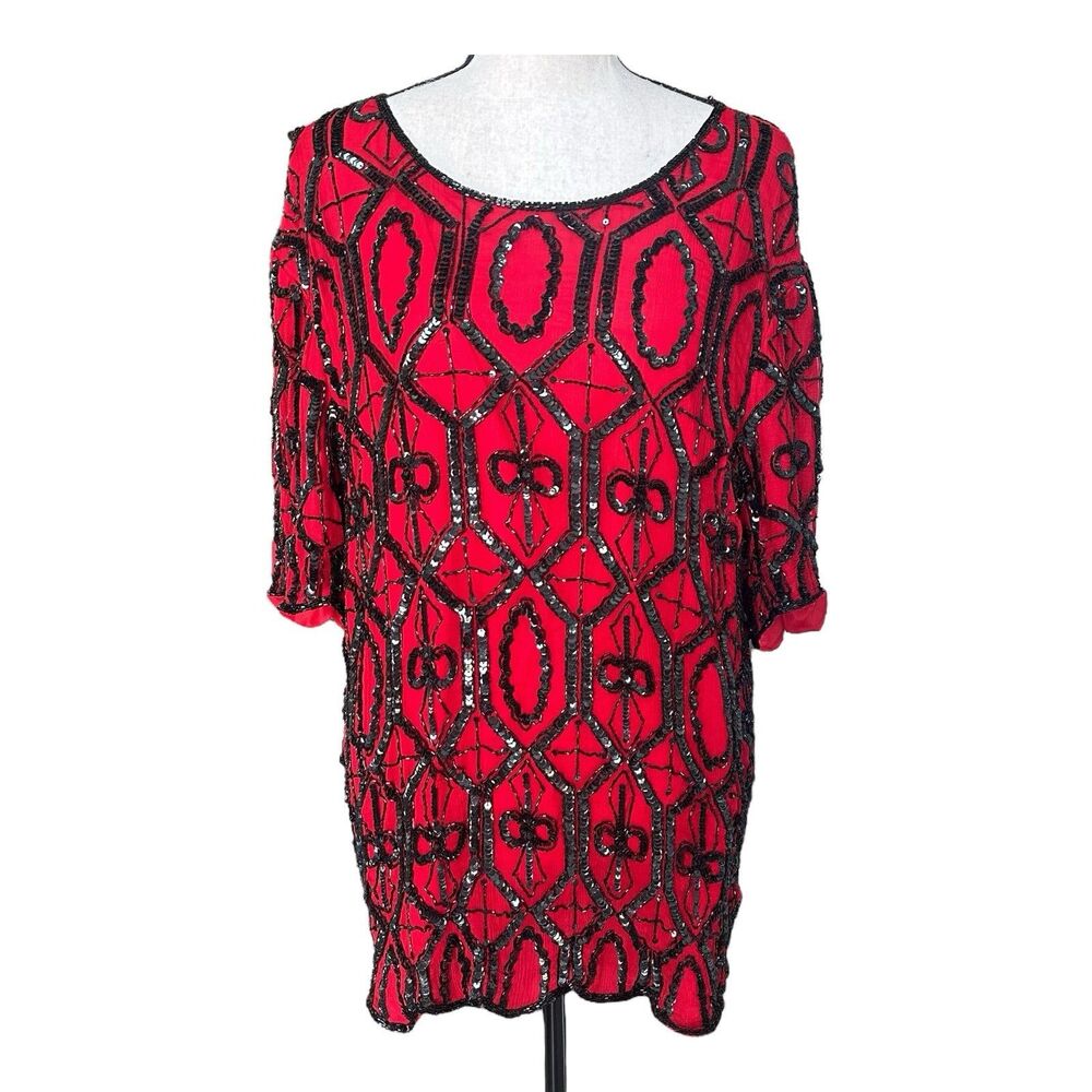 Carina Barry Lee Red Silk Tunic Blouse 1X Beaded Vintage India